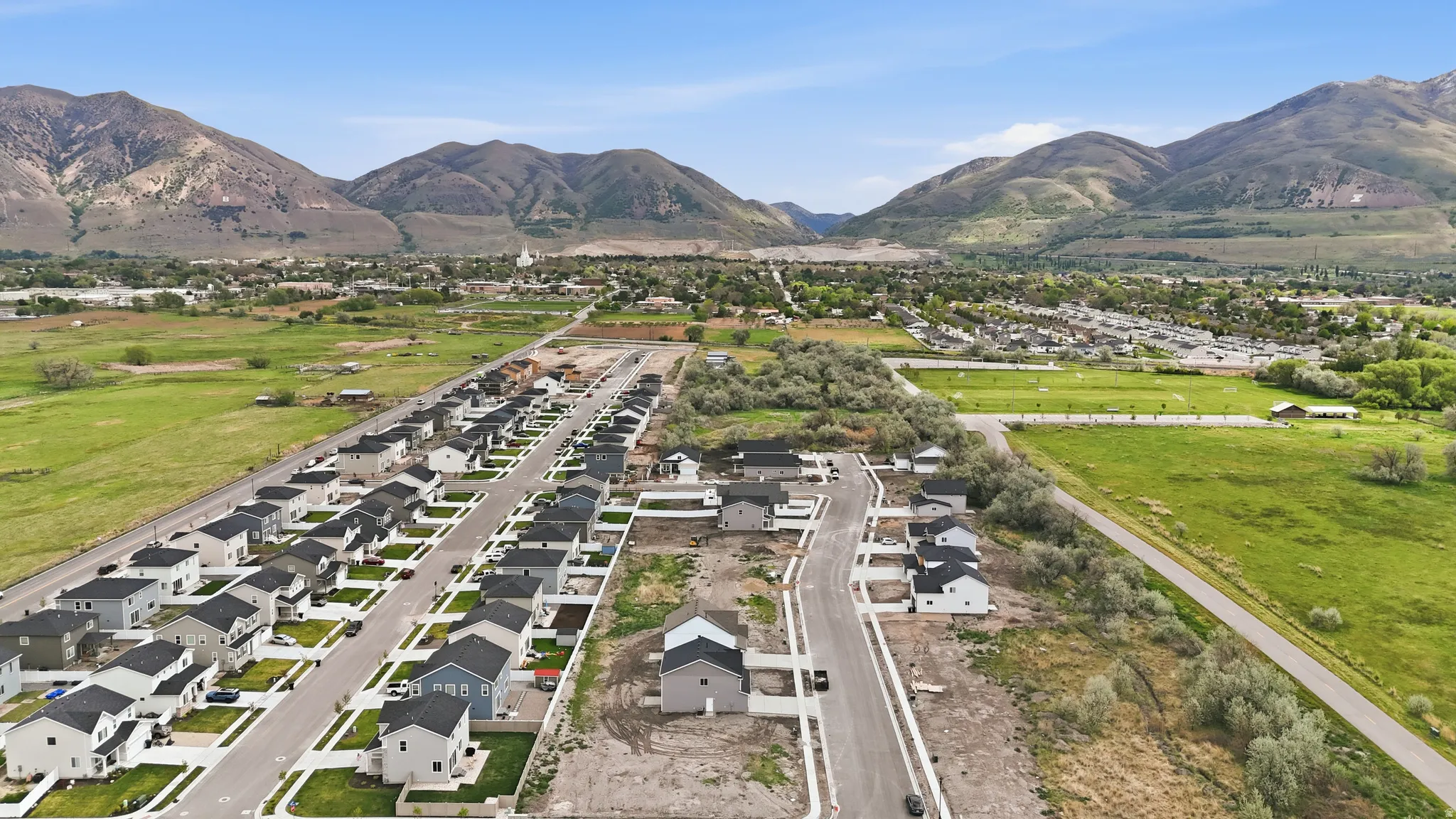 Aerial perspective of suburban area featuring a mountainous background
