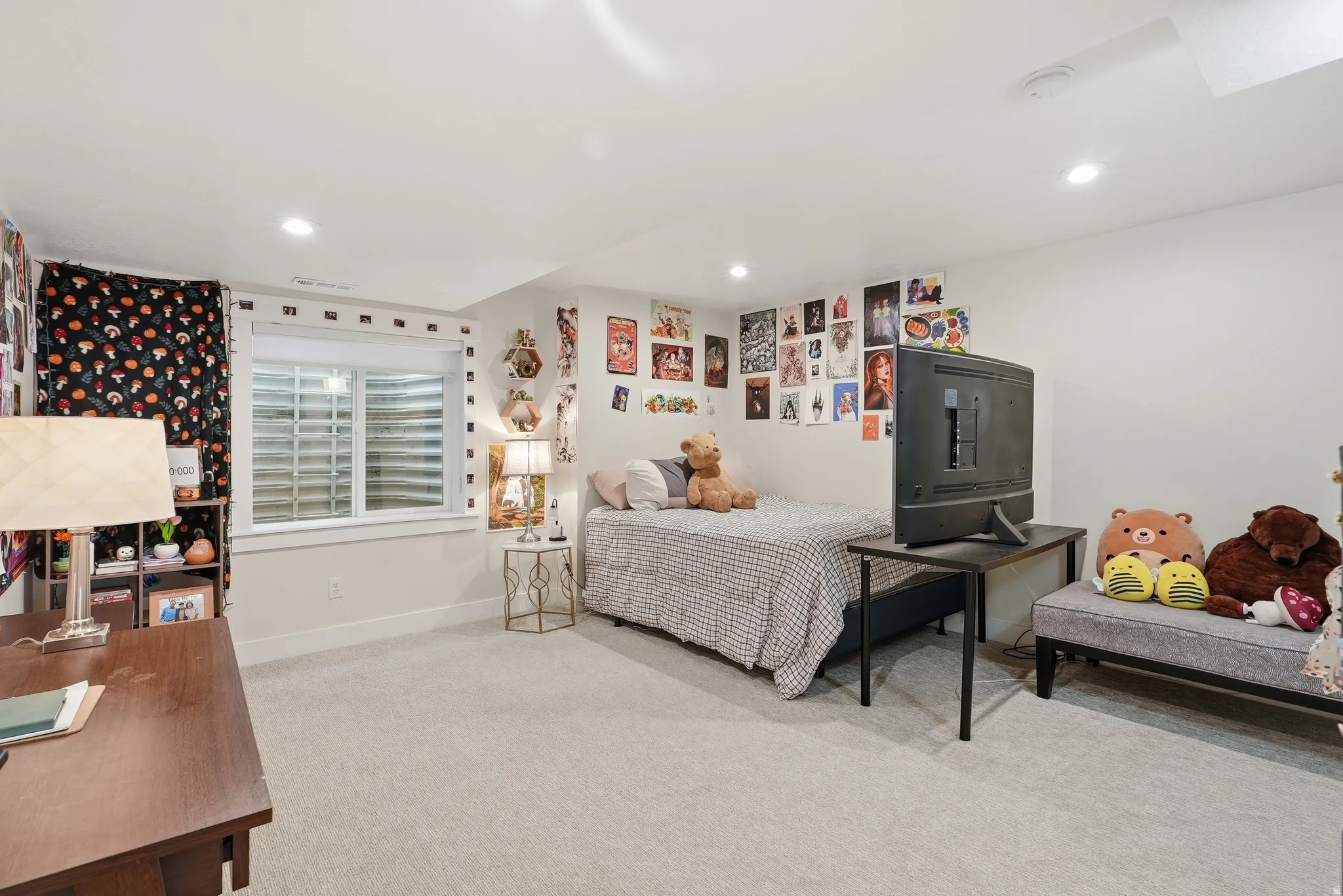 Bedroom featuring light colored carpet and recessed lighting