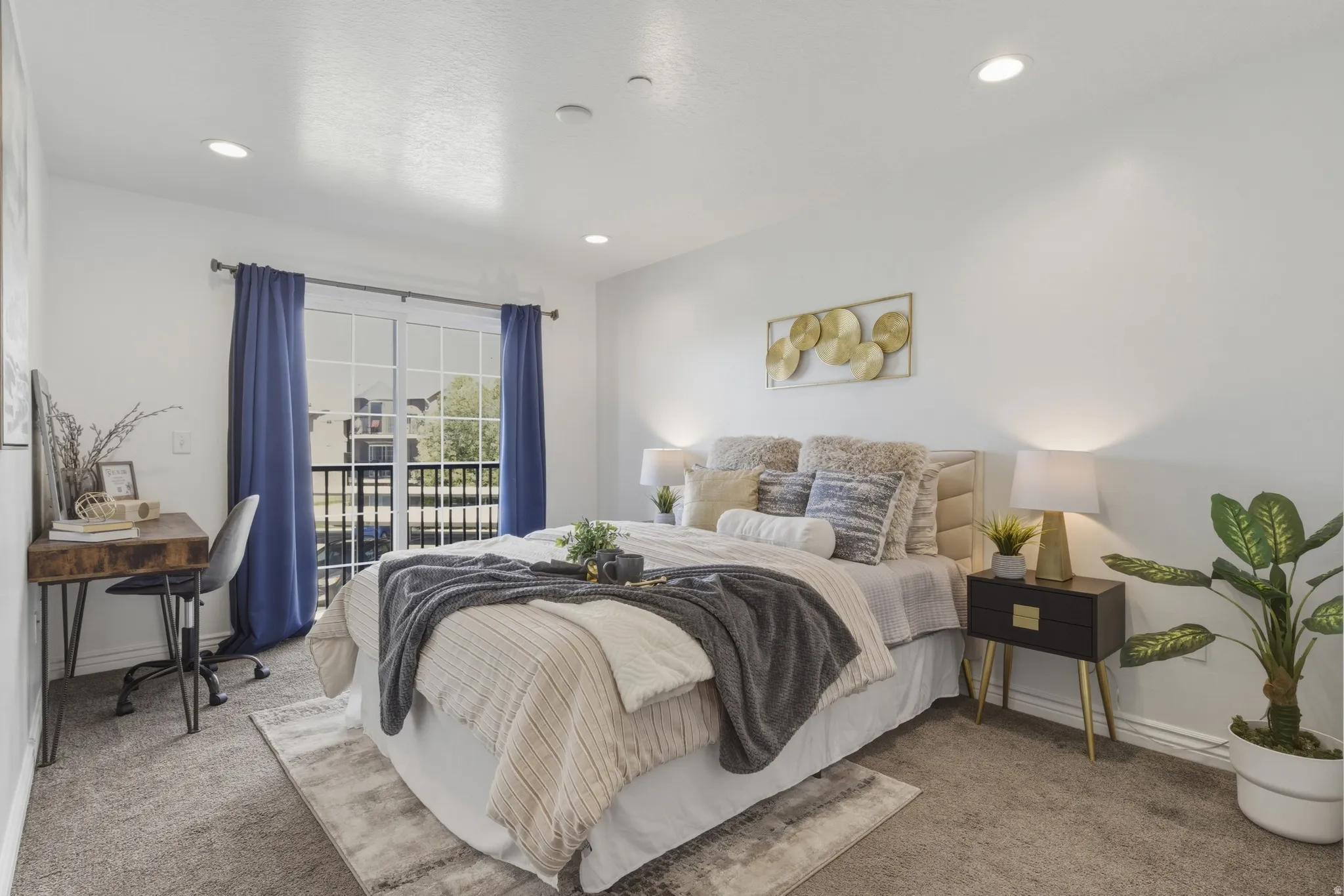 Carpeted bedroom with access to outside and recessed lighting