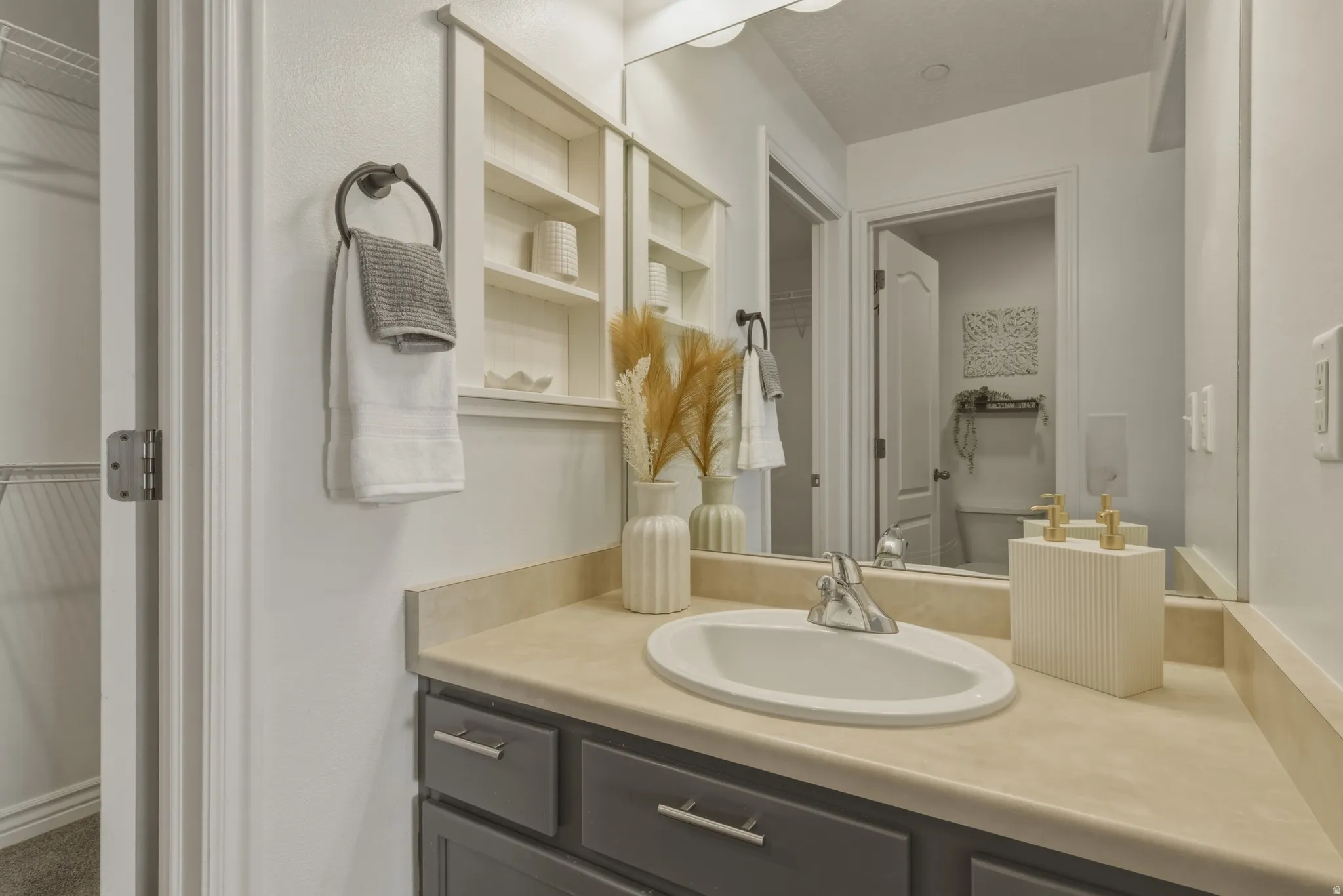 Bathroom featuring a spacious closet and vanity