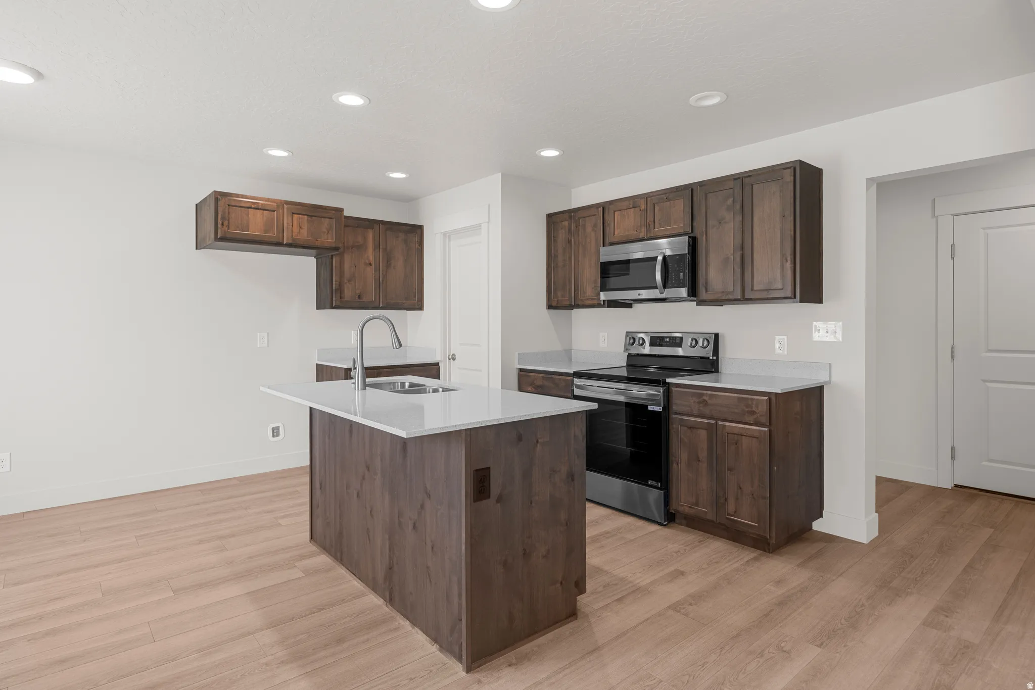 Kitchen with stainless steel appliances, light wood-style flooring, dark wood finish cabinets, a kitchen island with sink, and recessed lighting