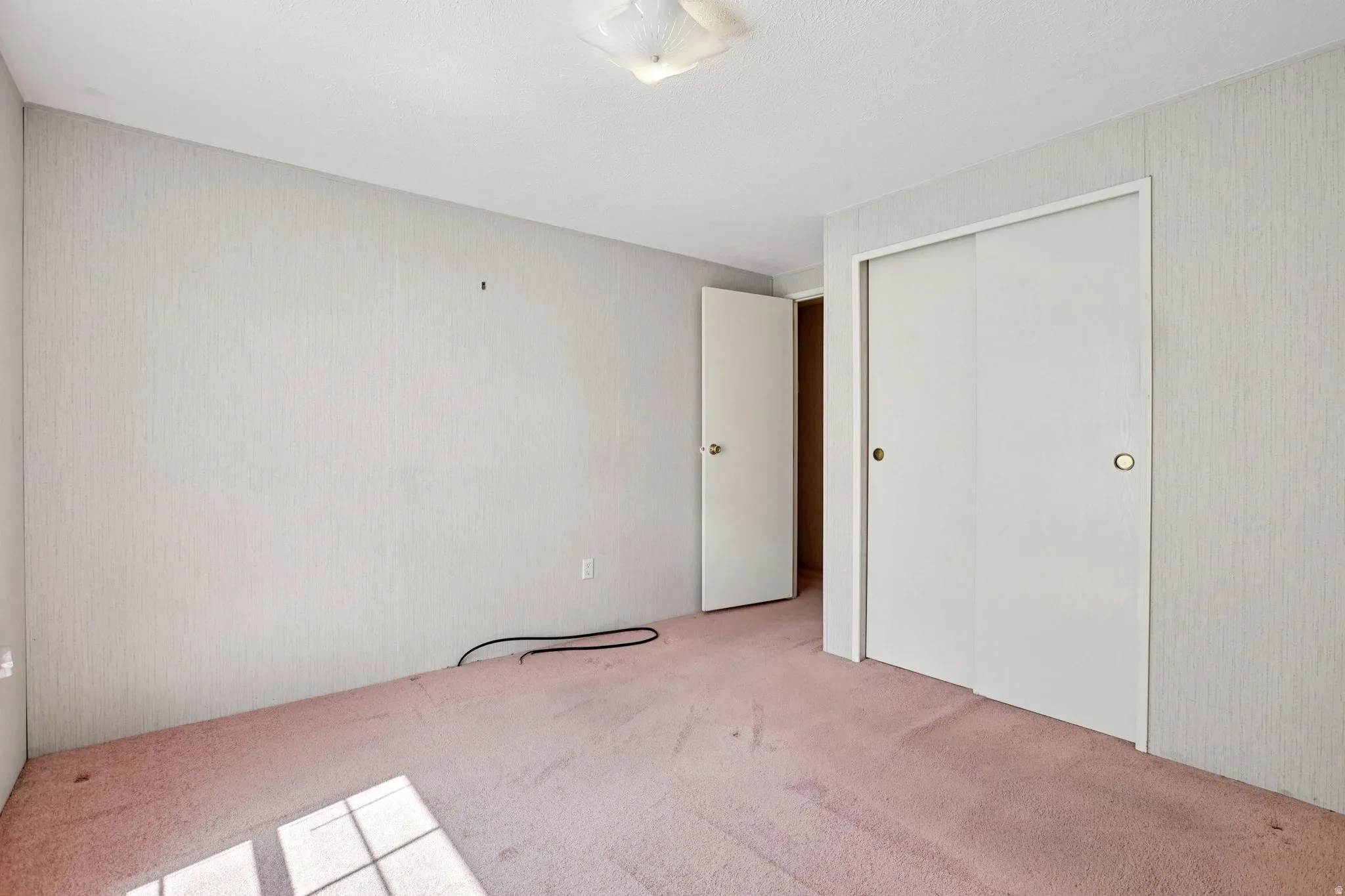 Unfurnished bedroom featuring light colored carpet and a closet