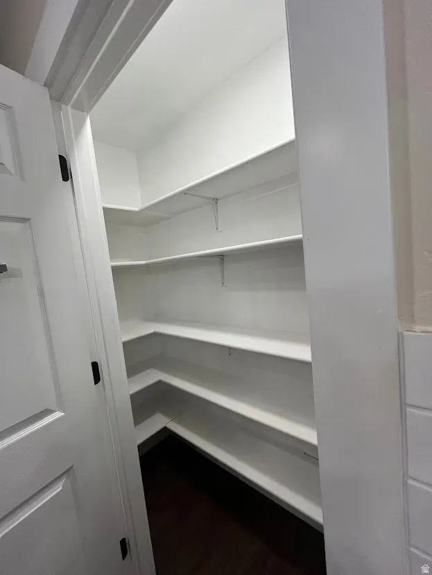Expanded pantry area with built in shelving.