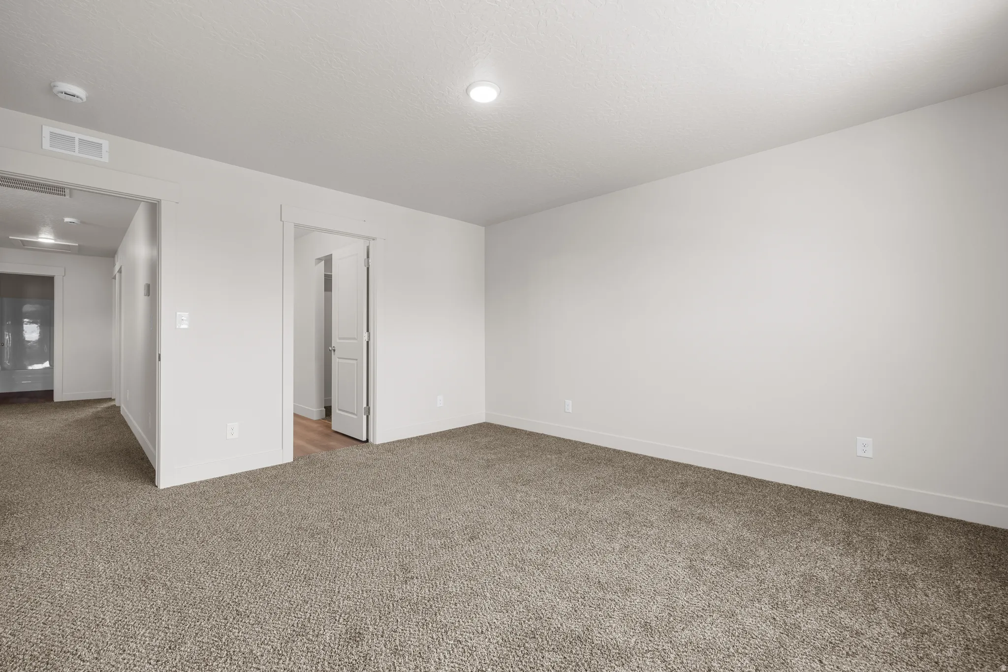 Spare room featuring light carpet and a smoke detector