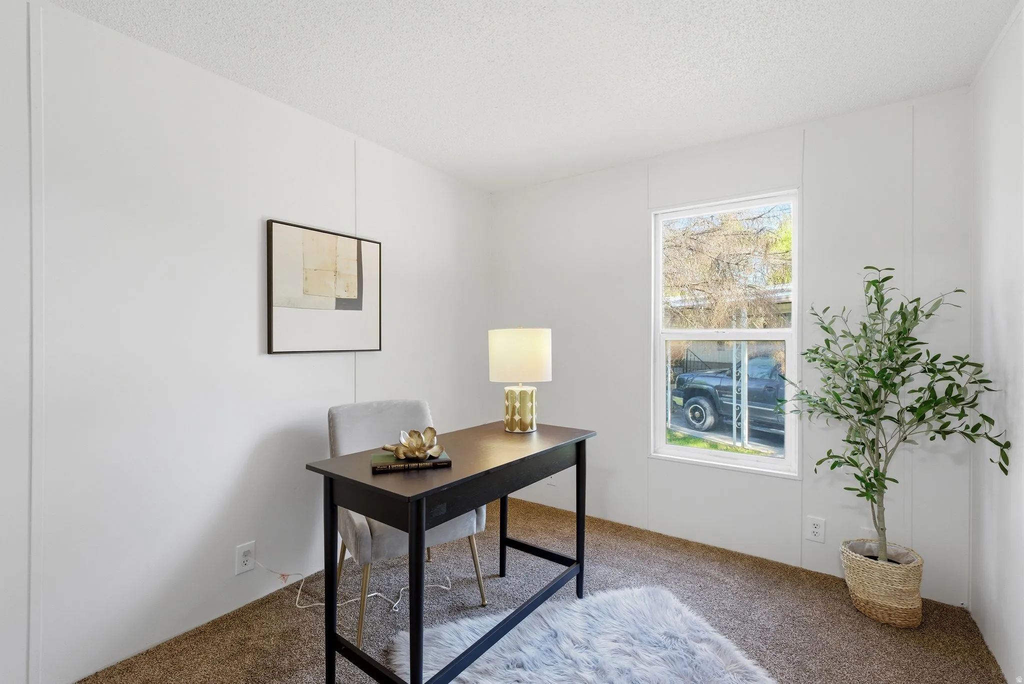 Office featuring carpet floors and a textured ceiling