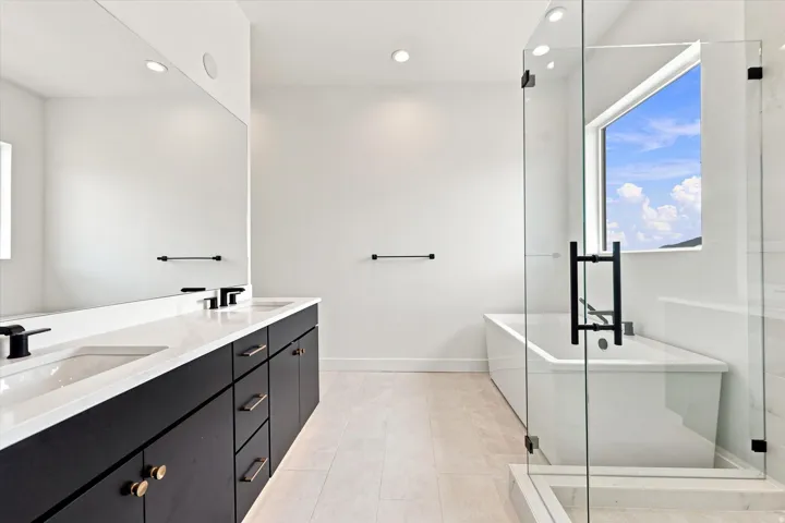 Dual vanity with undermount sinks and black cabinetry
