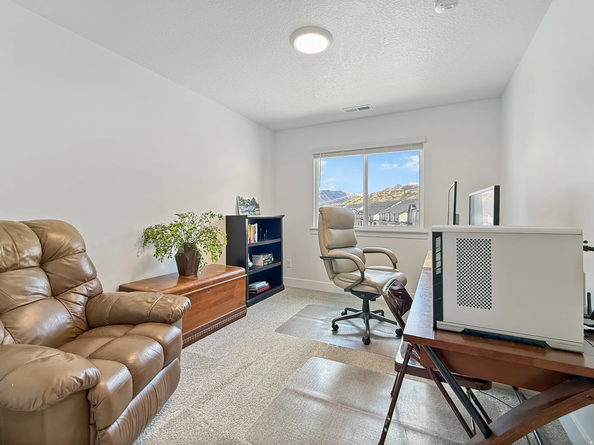 Office space featuring light carpet and a textured ceiling