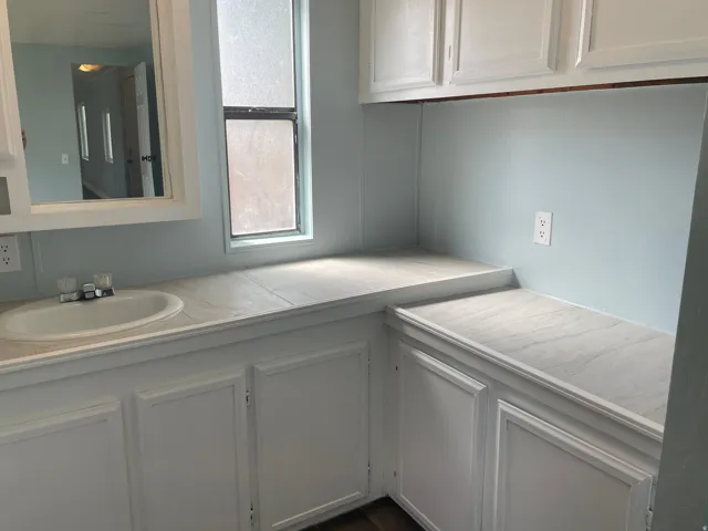 Bathroom with vanity and a decorative wall