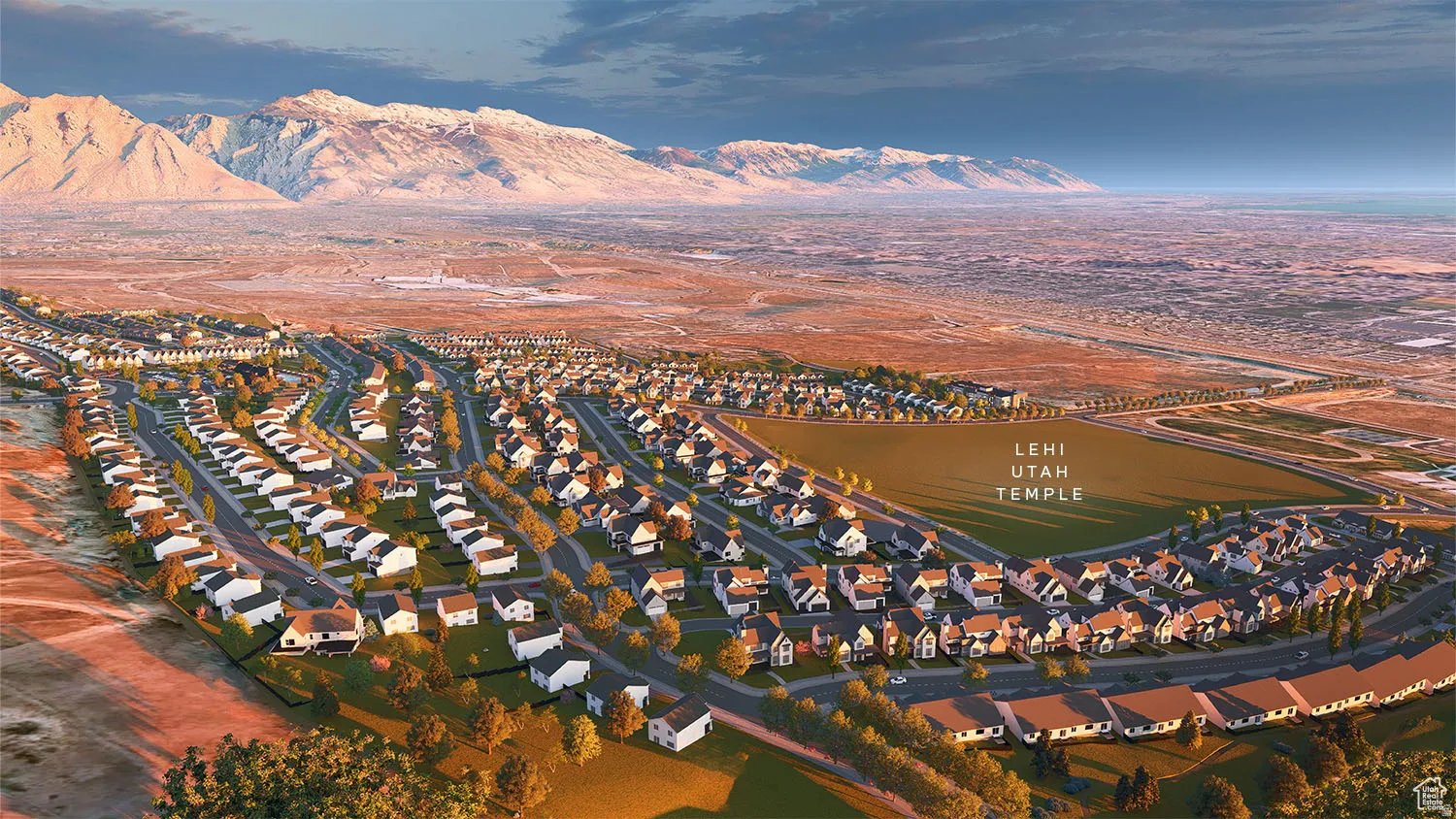 Aerial view of property's location with nearby suburban area and a mountainous background