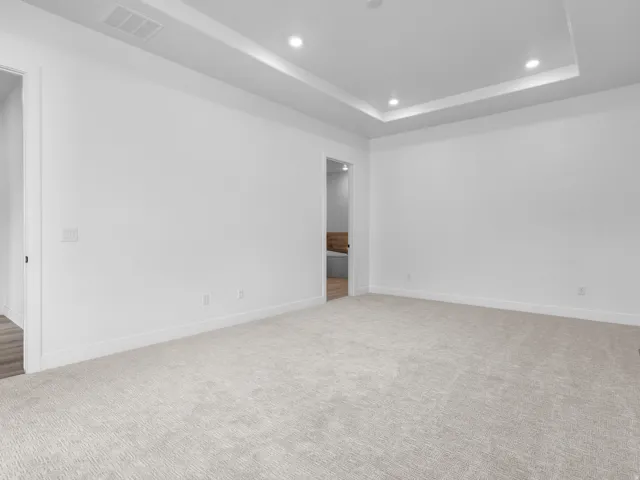 Spacious room featuring a tray ceiling with recessed lighting, light-toned carpeting, white baseboards, and a doorway leading to an additional space with wood-finish flooring