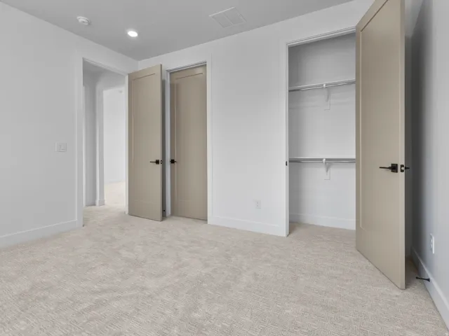 Spacious room featuring neutral-toned textured carpet, light gray interior doors with matte black hardware, and an open closet with built-in shelving and hanging rods