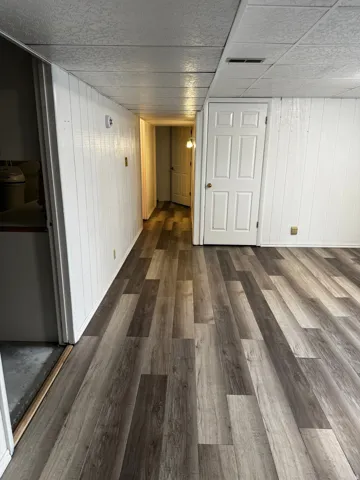 Finished basement with wood walls and dark wood-type flooring