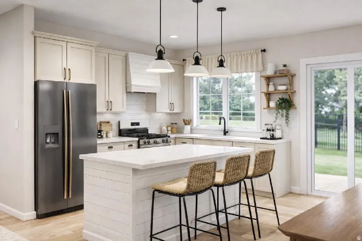 Kitchen with stainless steel appliances, a breakfast bar area, light wood-style floors, pendant lighting, and a center island