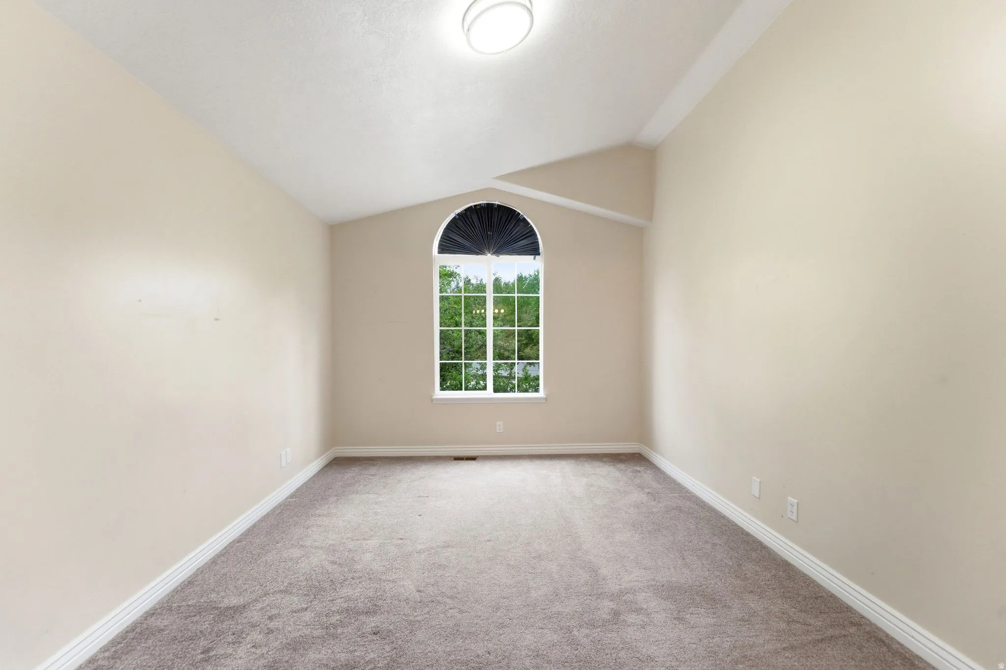 Unfurnished room with carpet and vaulted ceiling