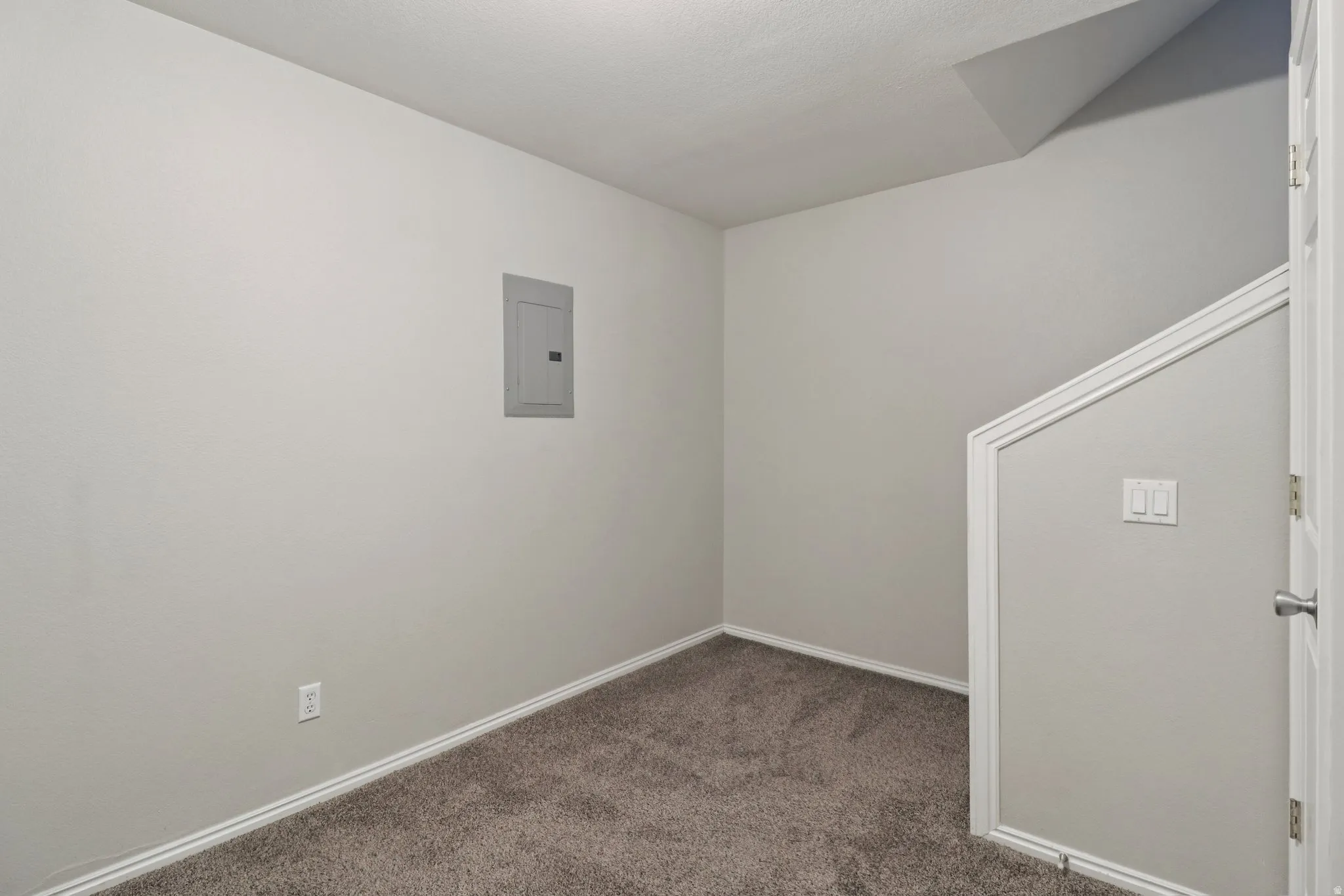 Empty room featuring electric panel and dark carpet