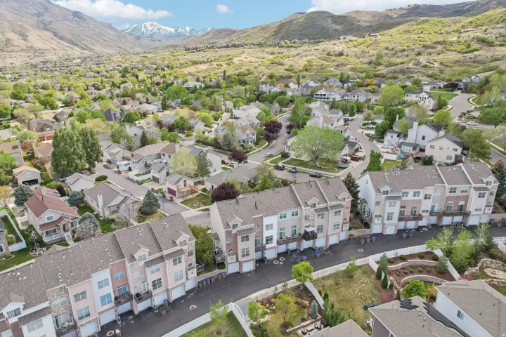 Aerial view of residential area with mountains