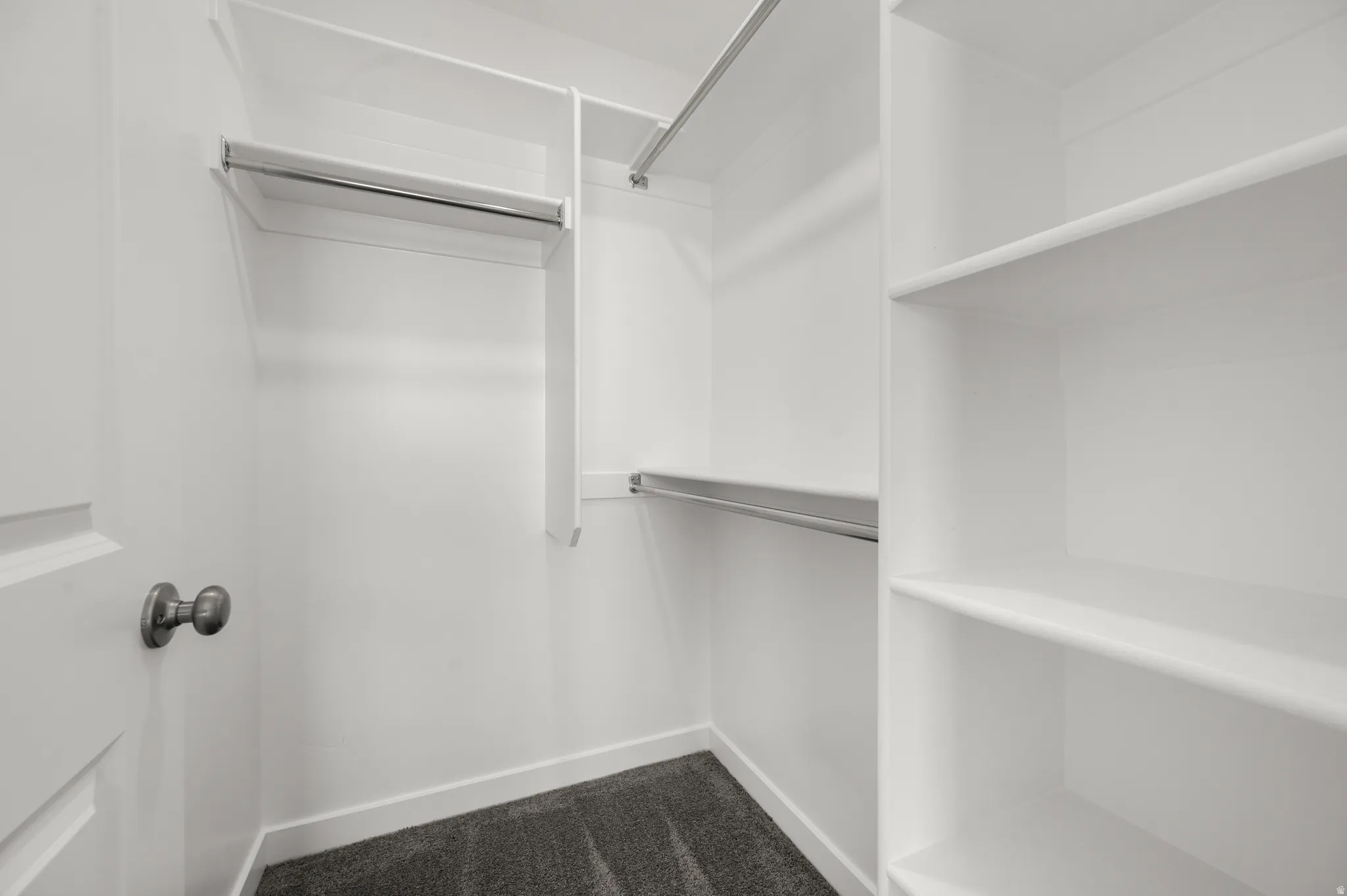 Walk in closet featuring dark carpet
