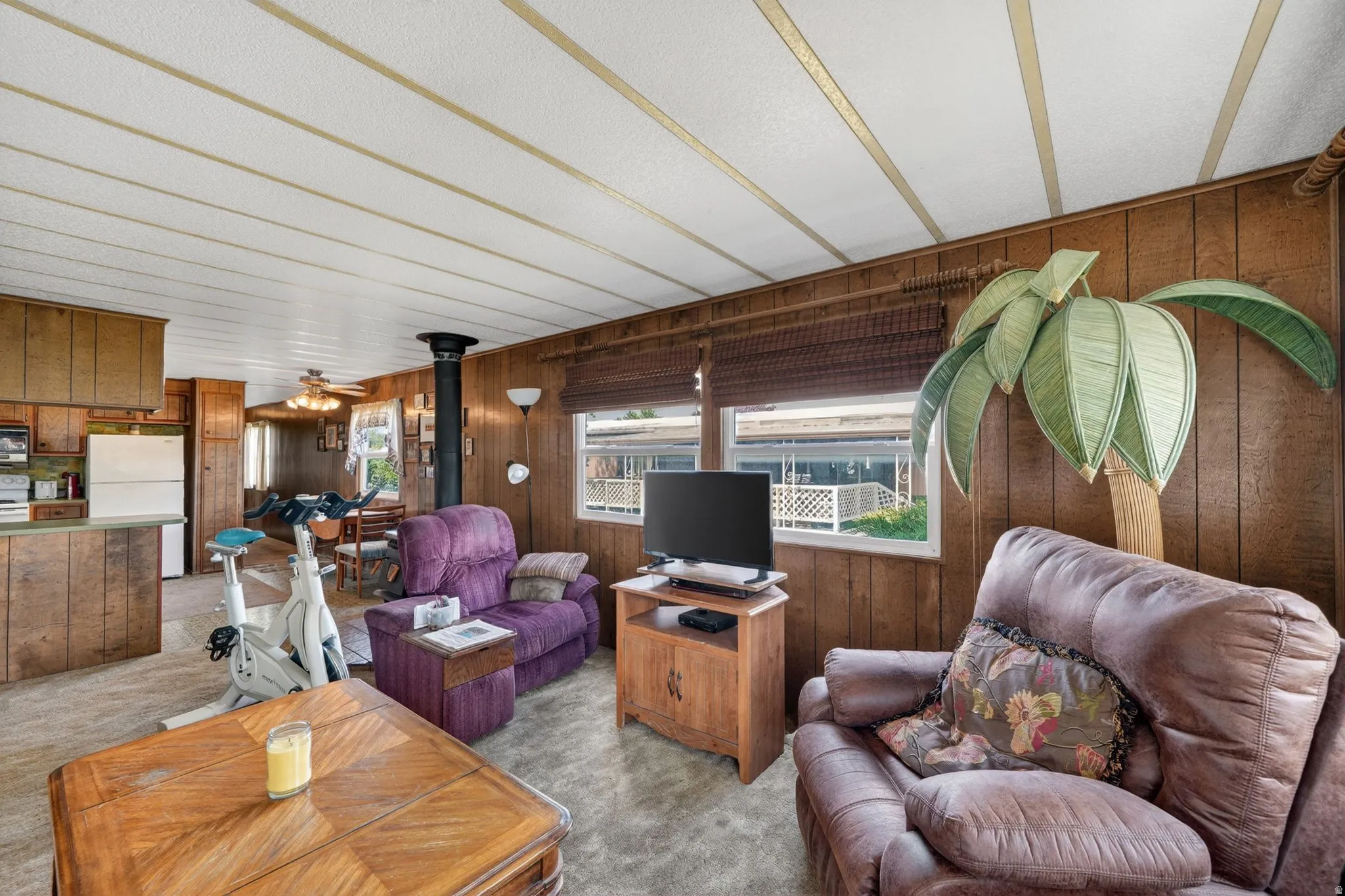 Living room with wooden walls, a wood stove, carpet flooring, and a ceiling fan