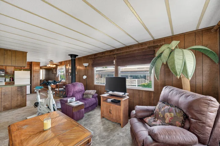 Living room with wooden walls, a wood stove, carpet flooring, and a ceiling fan