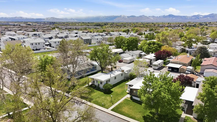 Aerial perspective of suburban area with mountains