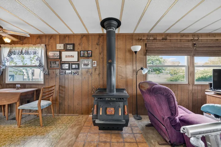 Living room featuring wood walls and a wood stove