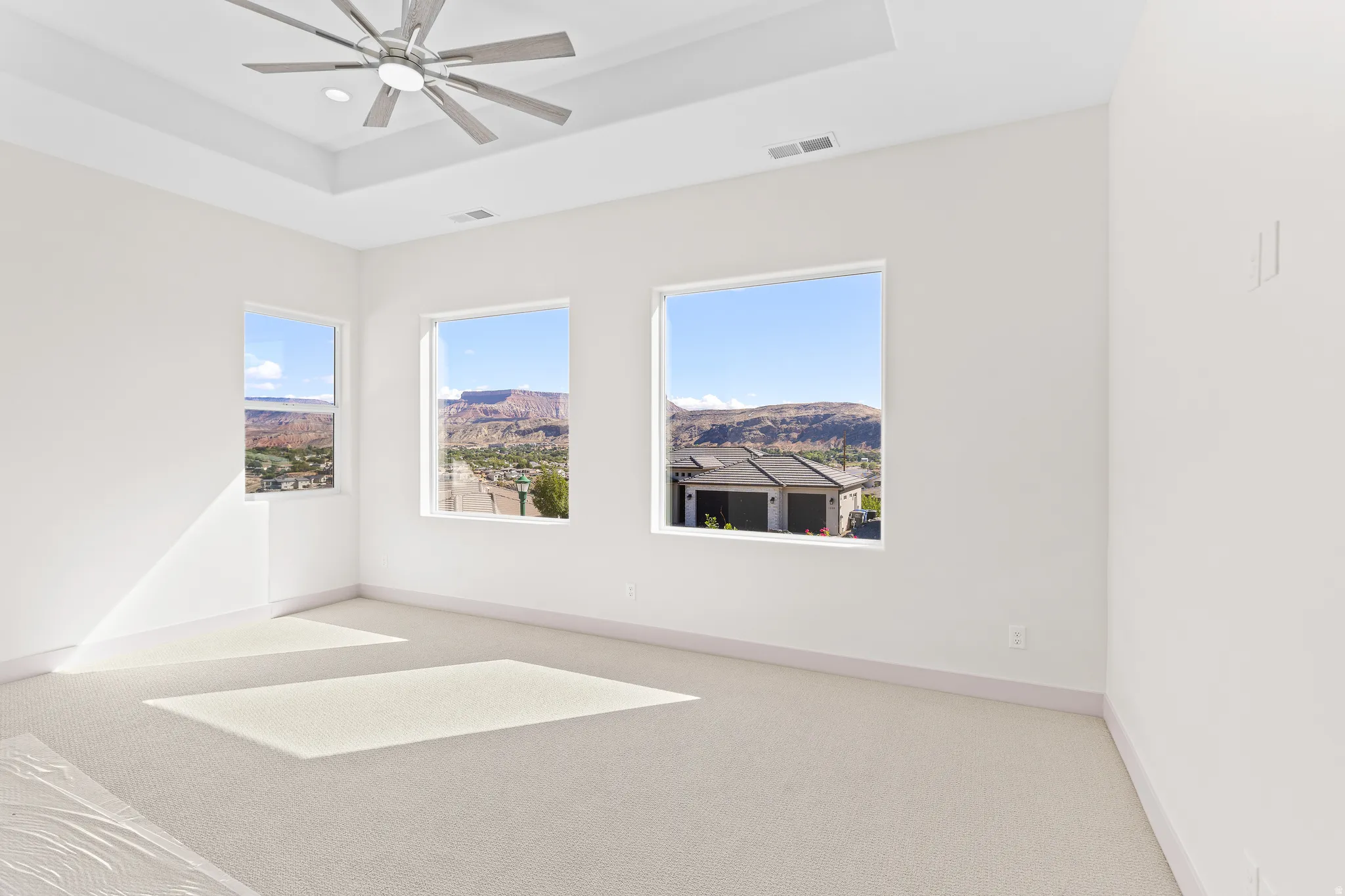 Spare room featuring a tray ceiling, light colored carpet, and ceiling fan