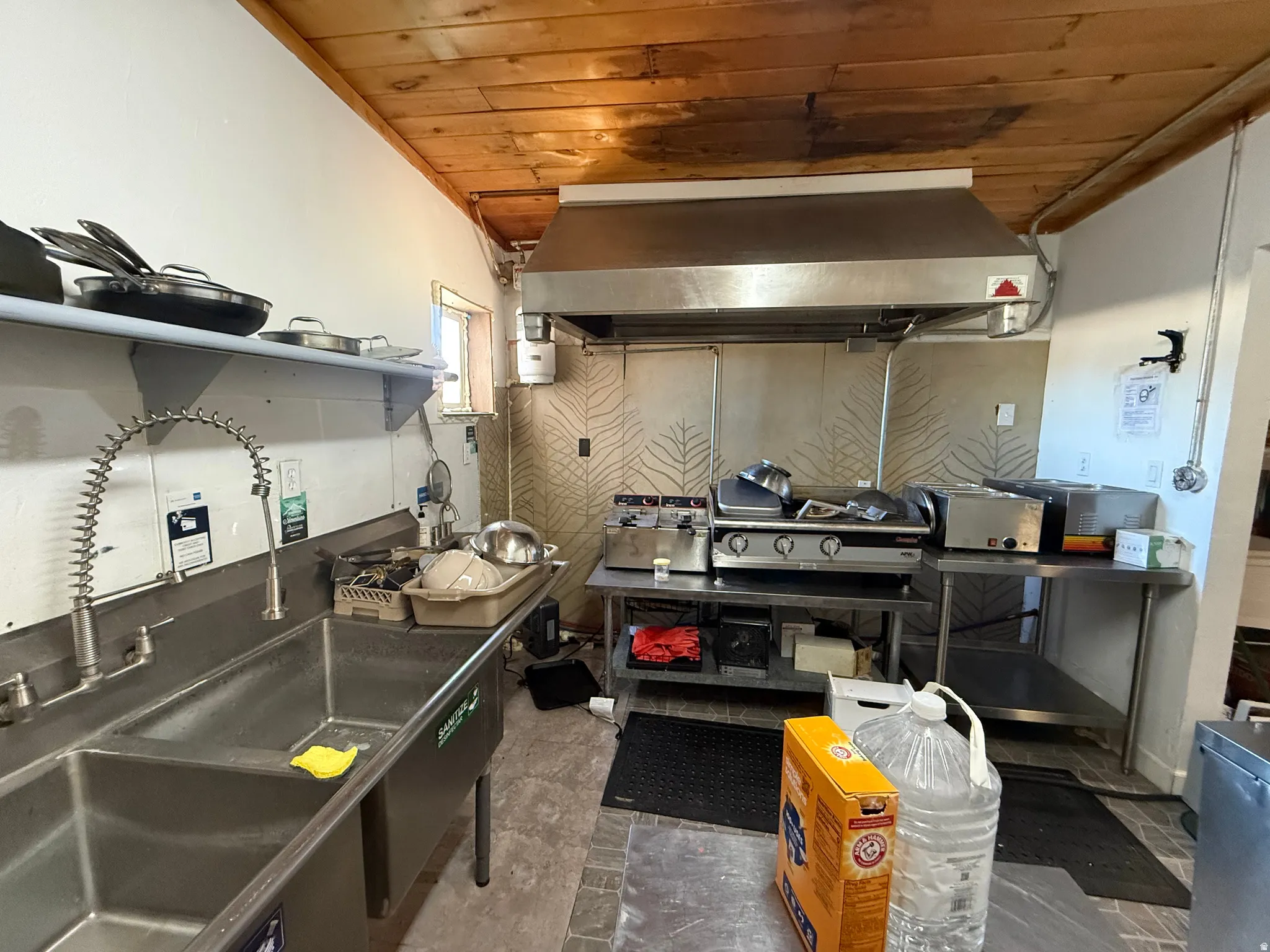 Commercial-grade kitchen space featuring a dual-basin stainless steel sink with a spring-spout faucet, an industrial-style range hood, and stainless steel prep tables