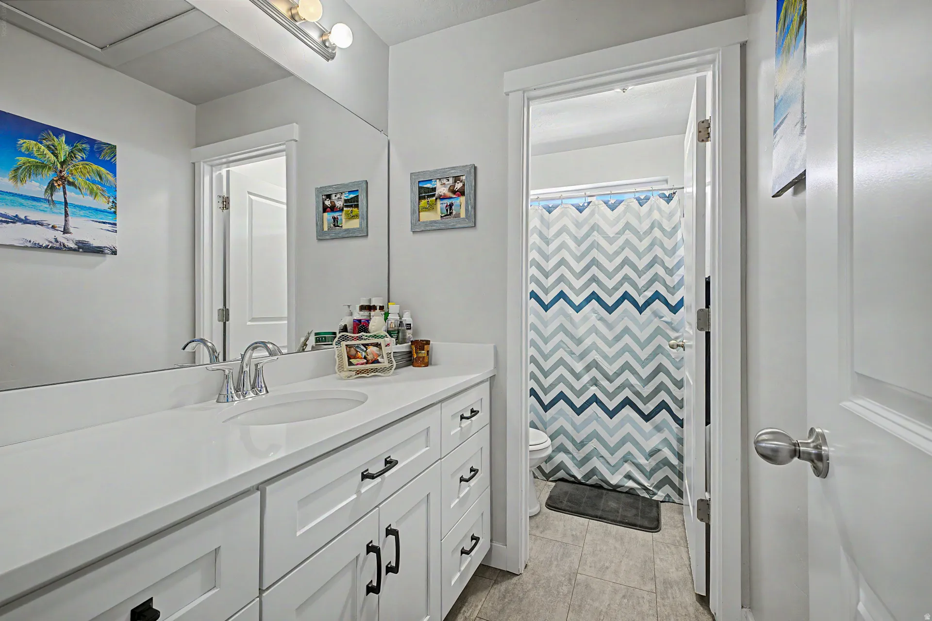 Bathroom with a shower with shower curtain and vanity
