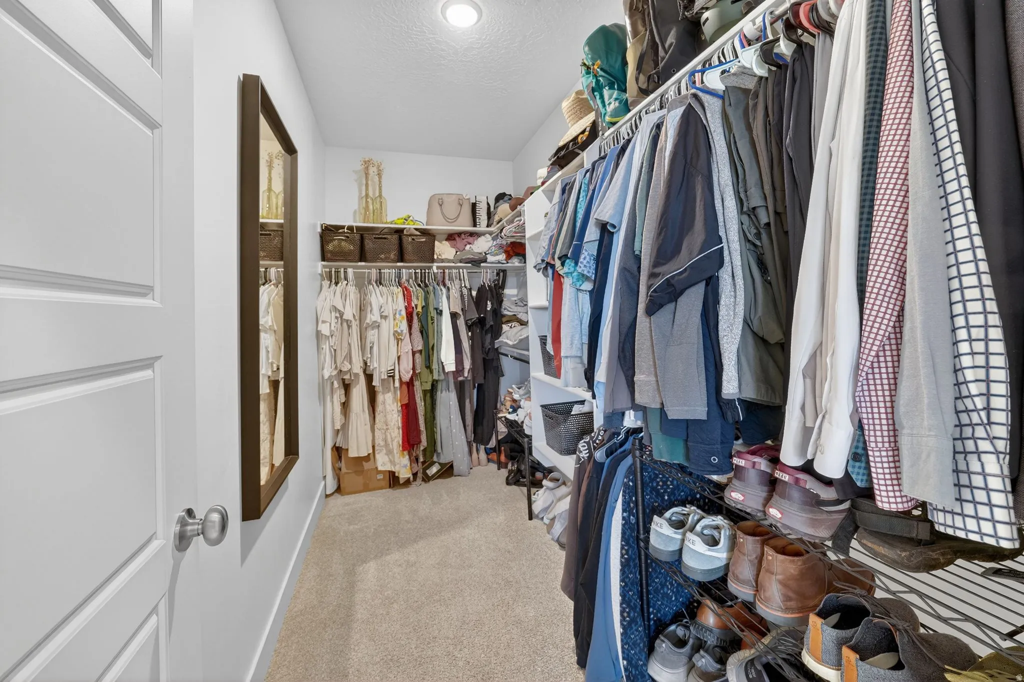 Walk in closet with light colored carpet