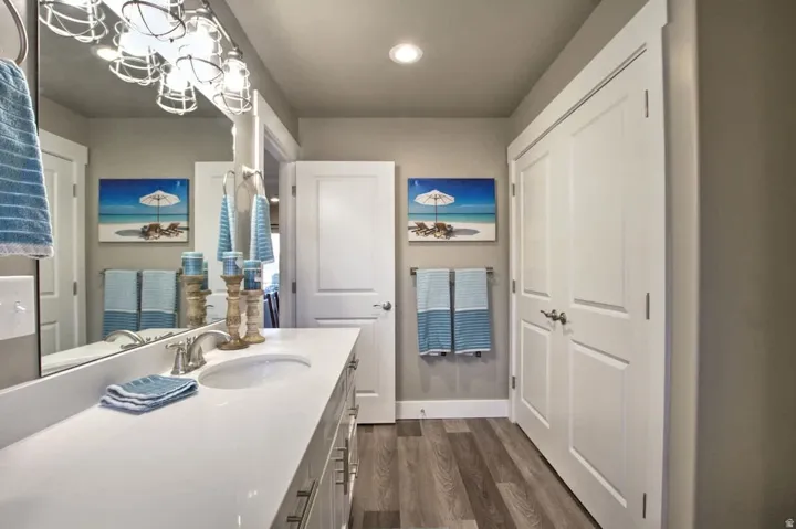 Bathroom with vanity, dark wood-style flooring, and a chandelier