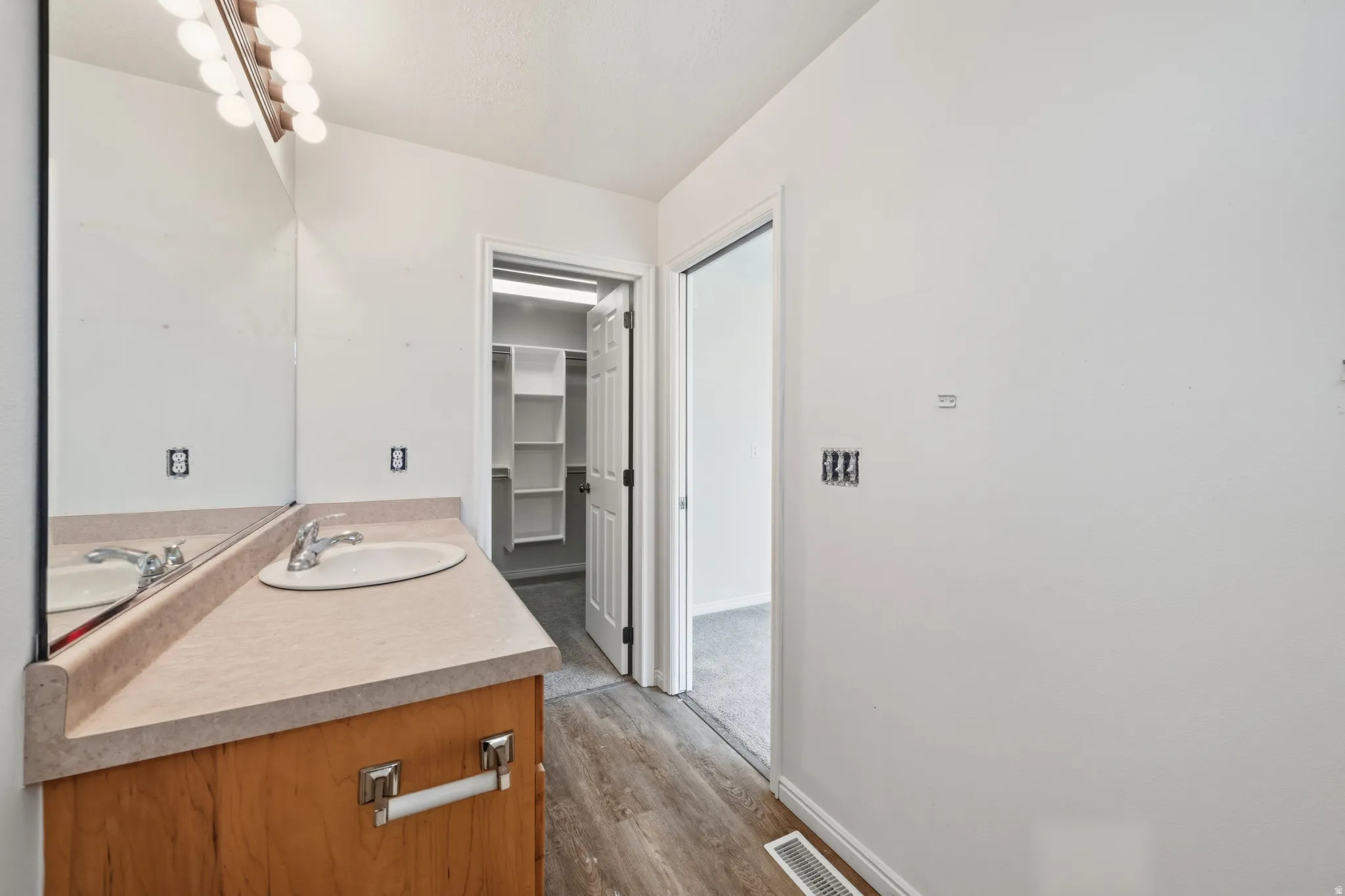 Bathroom with vanity, dark wood-type flooring, and a walk in closet