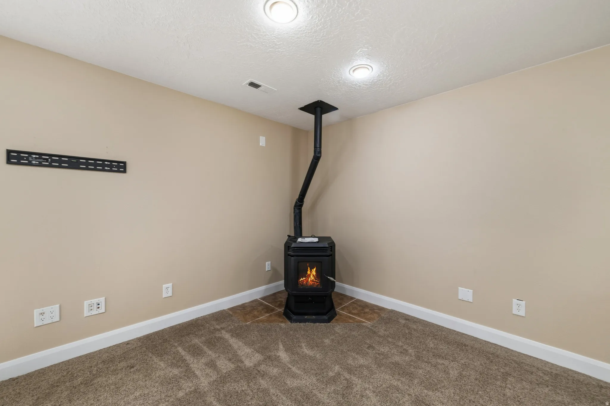 Detailed view of a wood stove, carpet floors, and a textured ceiling