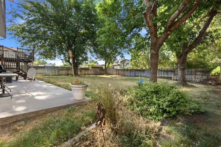 Expansive backyard featuring a concrete patio, mature trees, wood privacy fencing, and terraced landscaping