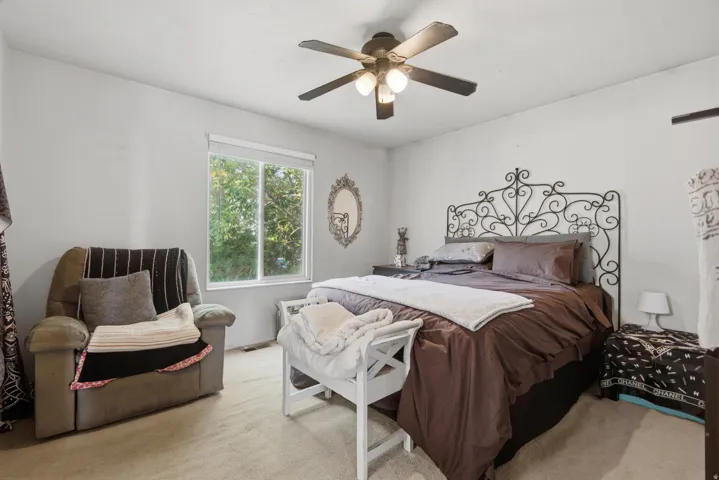 Recessed window with exterior foliage, ceiling fan with integrated lighting, and carpet flooring