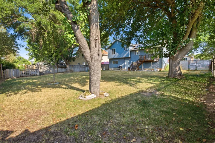 Expansive grassy yard with mature trees and perimeter fencing