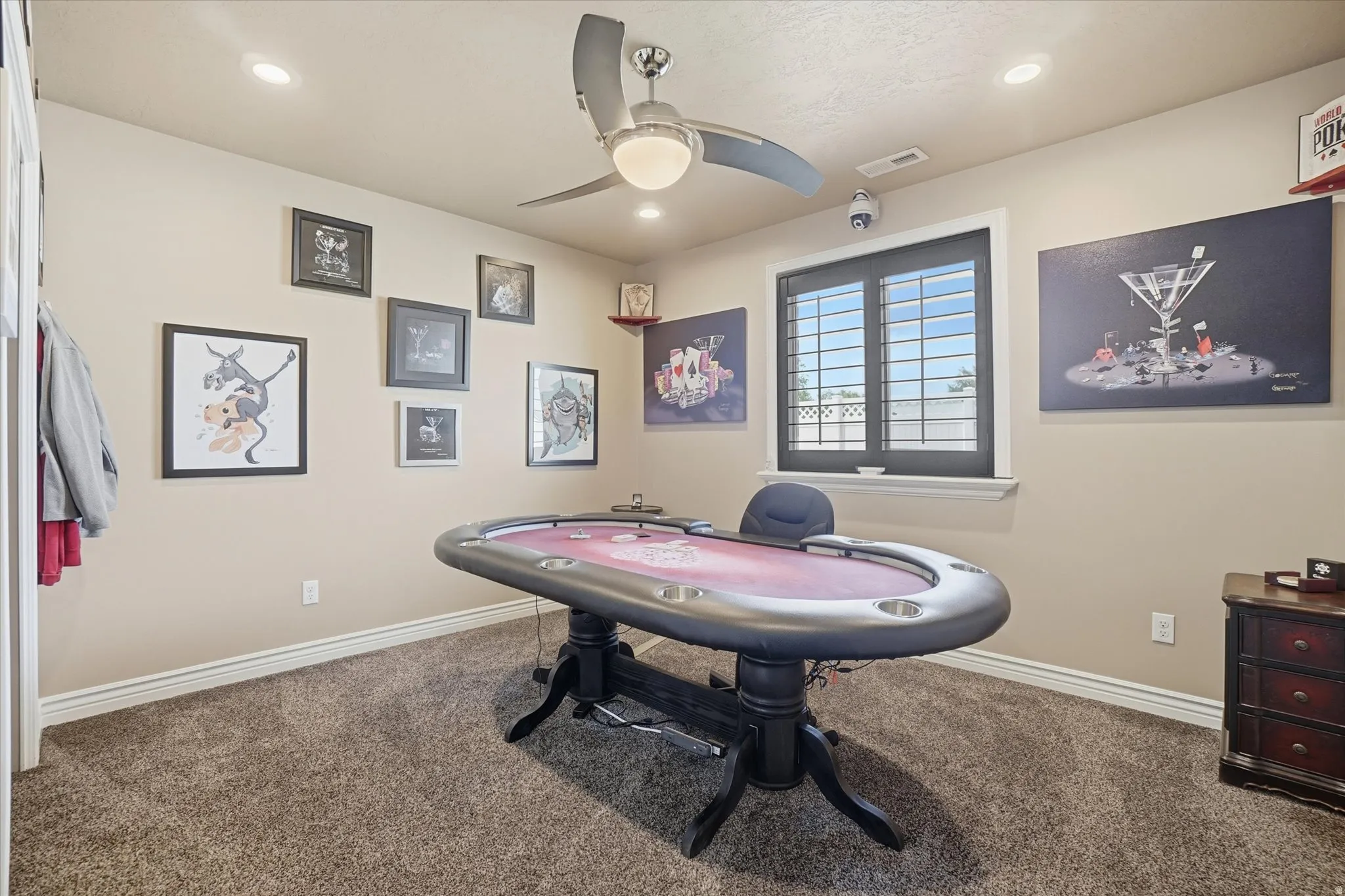 Game room featuring ceiling fan, carpet floors, and recessed lighting