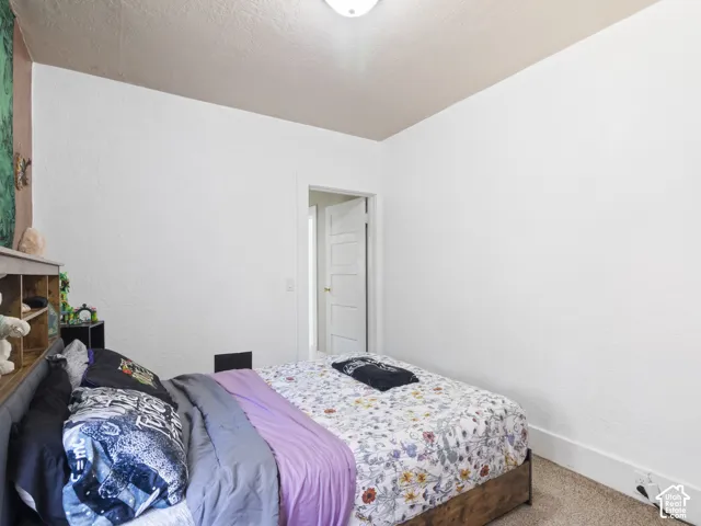 Carpeted room featuring a ceiling-mounted light fixture, white walls, and white trim