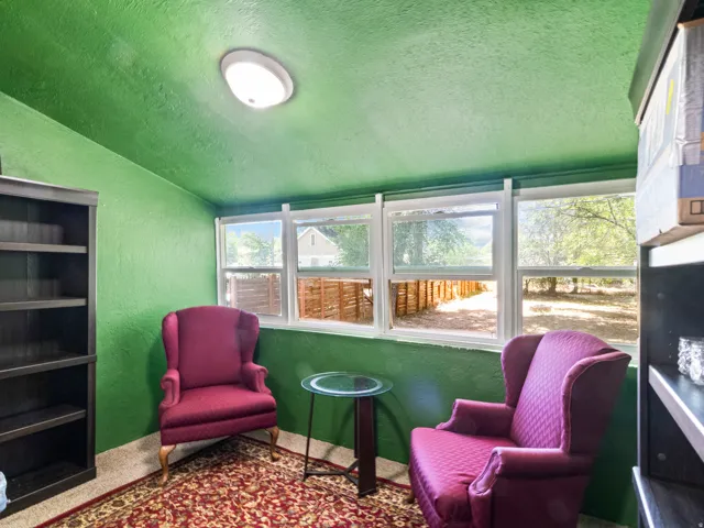 Room featuring green walls and ceiling, multiple windows, and a built-in bookshelf