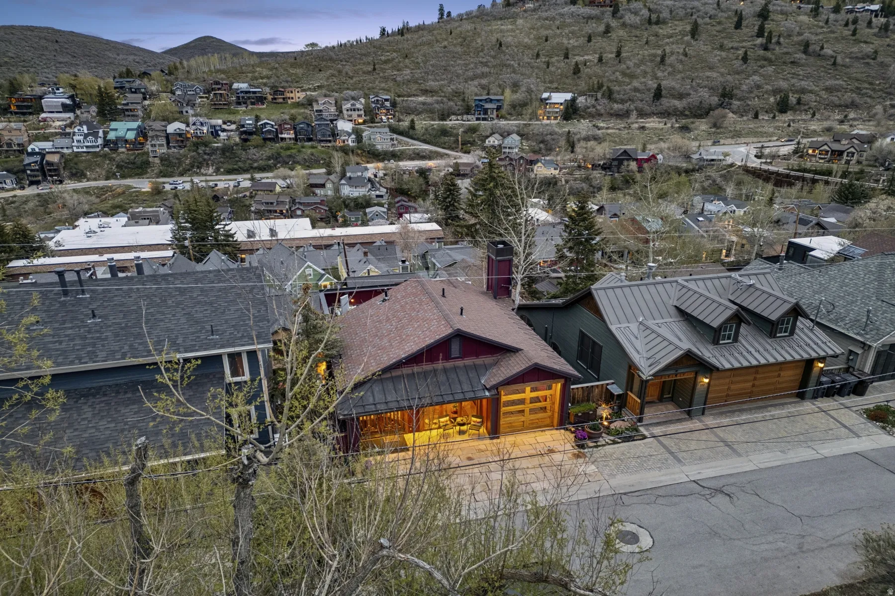 Aerial view of residential area with mountains