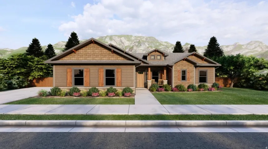 Craftsman-style house featuring a mountain view and covered porch