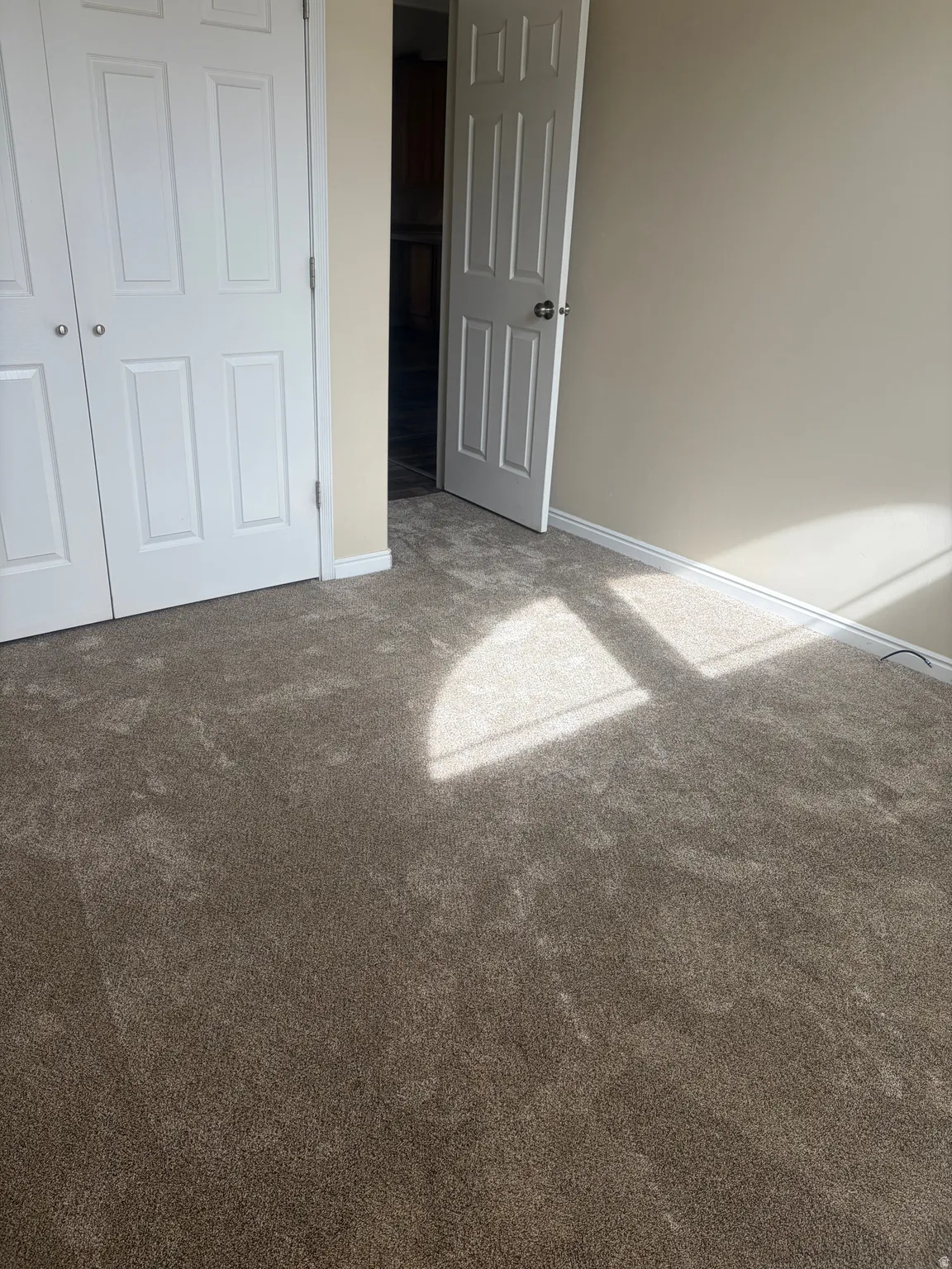 Unfurnished bedroom with carpet and a closet