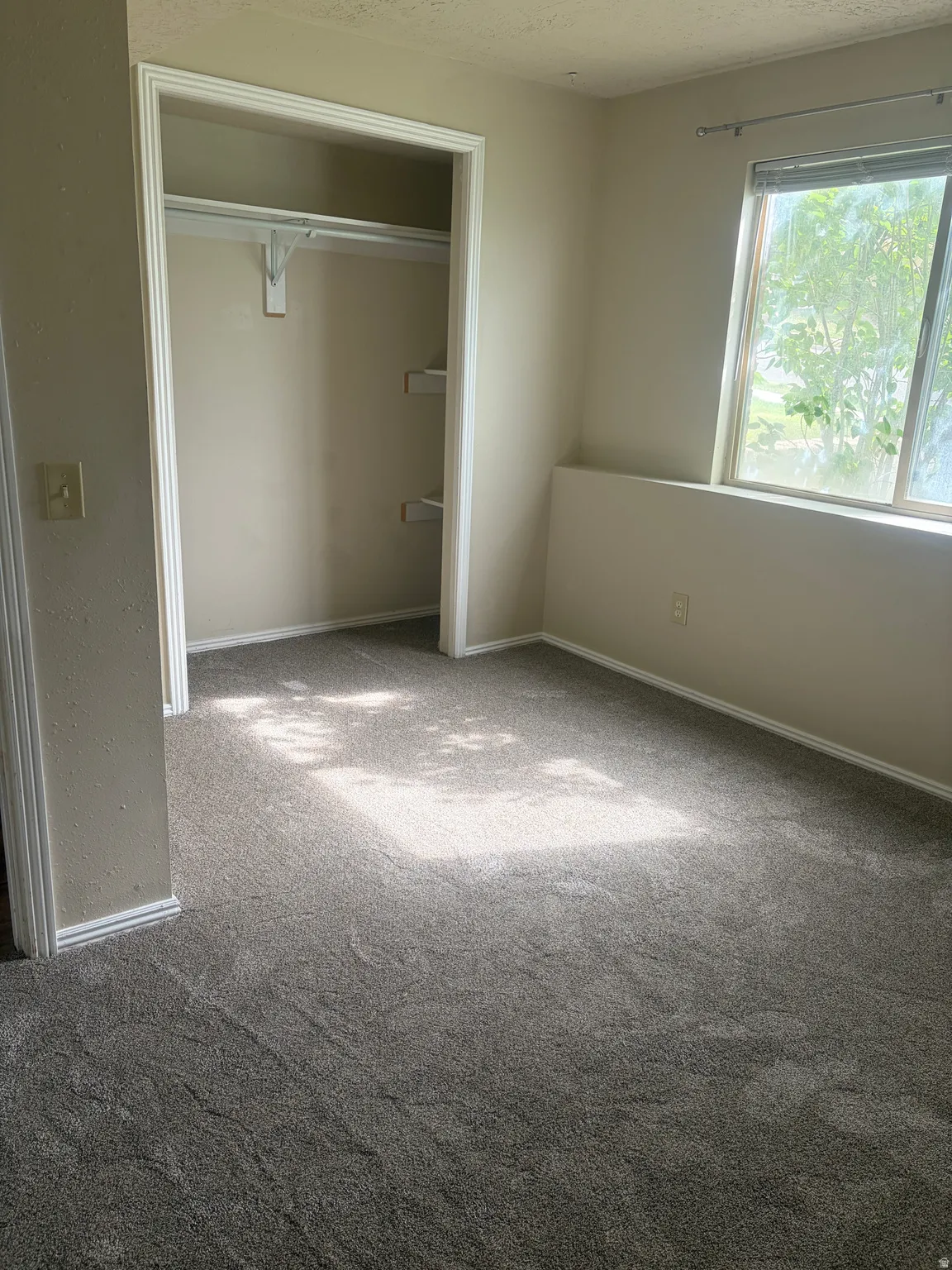 Unfurnished bedroom featuring light colored carpet and a closet