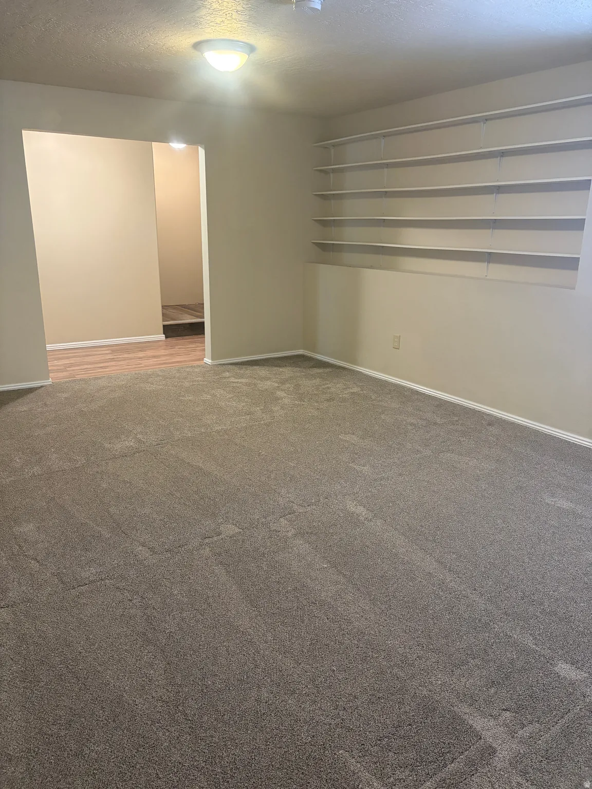 Empty room featuring carpet flooring and a textured ceiling
