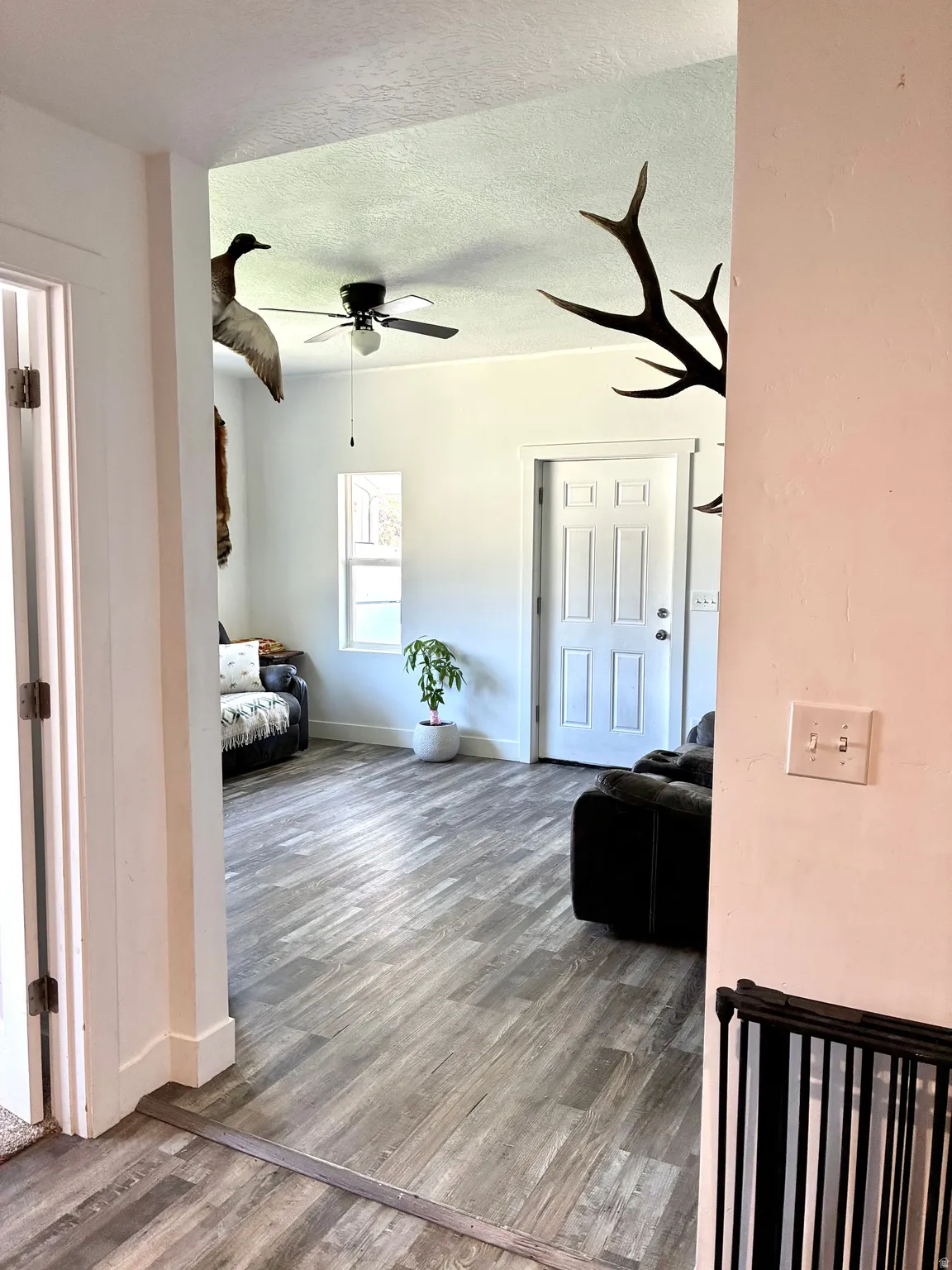 Living area with wood finished floors, a textured ceiling, and a ceiling fan