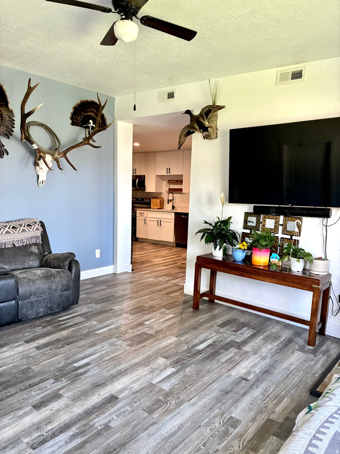 Living room featuring a textured ceiling, ceiling fan, and dark wood-type flooring