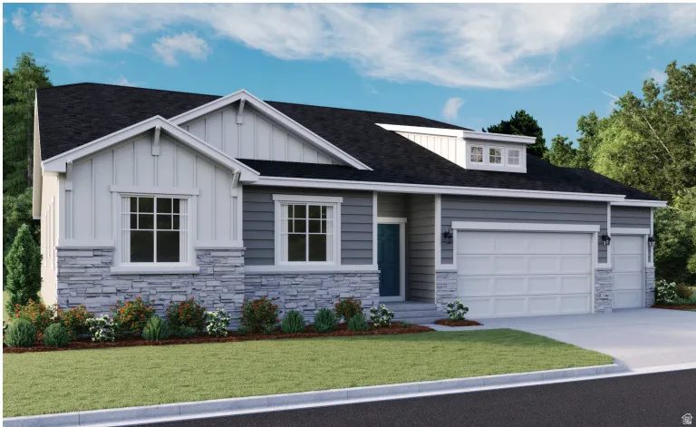 View of front facade with stone siding, a garage, a front lawn, concrete driveway, and roof with shingles