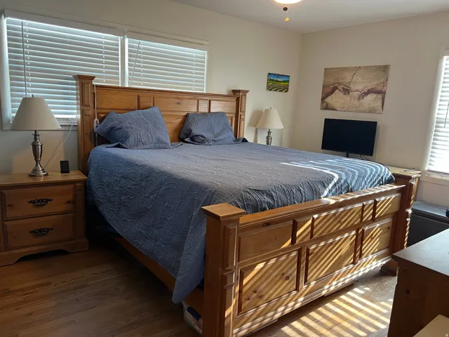 Bedroom with dark wood-type flooring