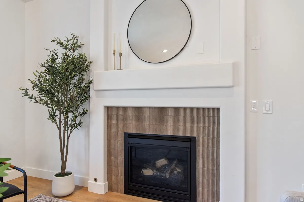 Detailed view of a glass covered fireplace and wood finished floors