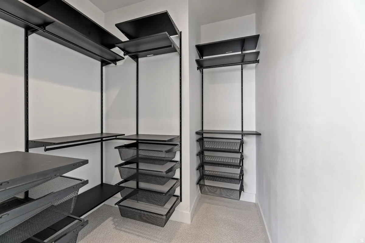 Walk in closet with light carpet