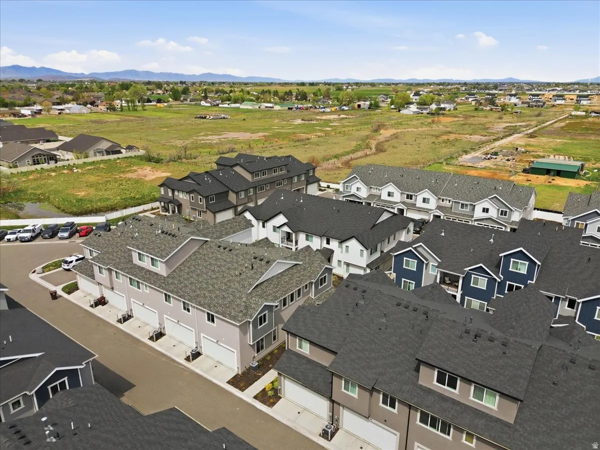 Aerial perspective of suburban area with mountains